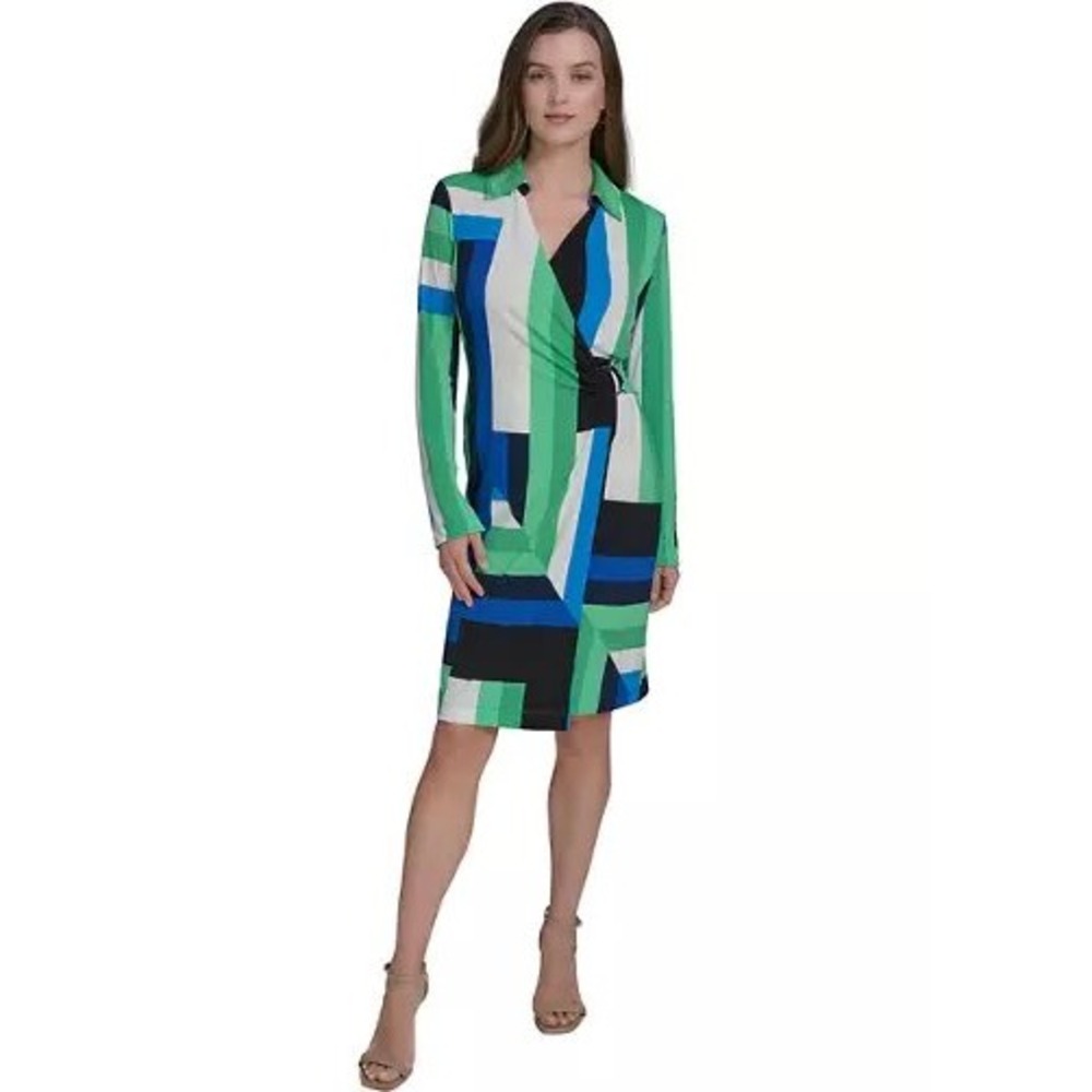 Halston Heritage Geometric Print Faux Wrap Dress Green Blue Long Sleeve Size 6
